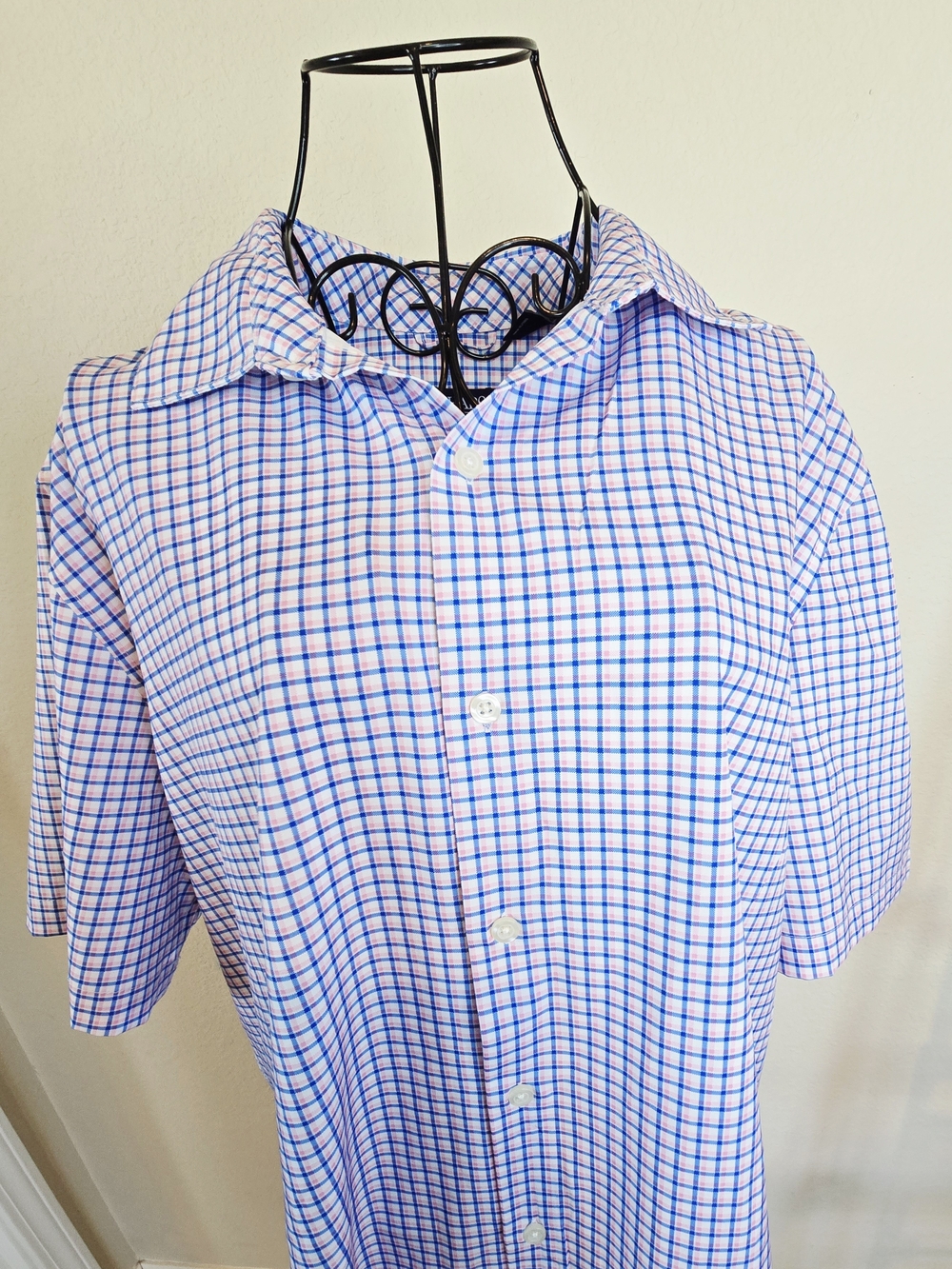 Chaps Blue and Pink Check Short-Sleeve Button-Down Shirt Sz L